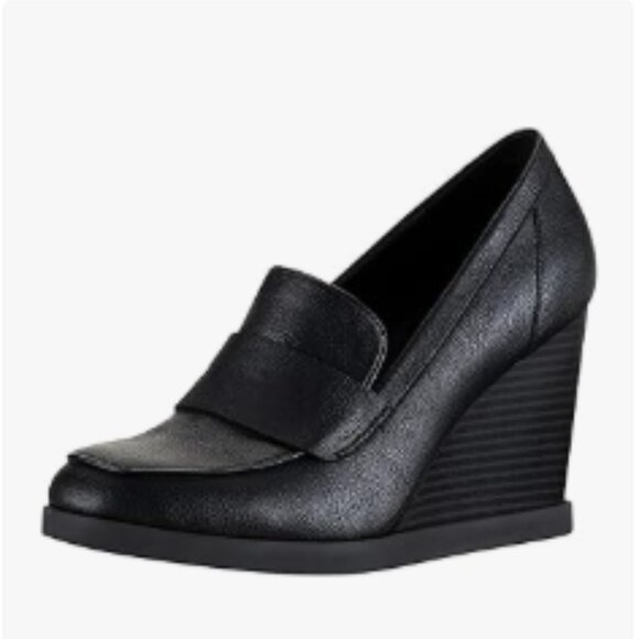YDN Black Dressy Pump Square Closed Toe Slip On Loafers Wedges High Heeled Shoes - Picture 1 of 8